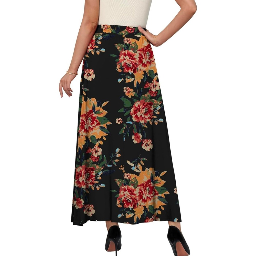 Floral Maxi Skirt Black Rose Print Elastic Waist Pockets Size L US 12-14 Boho - Picture 3 of 6